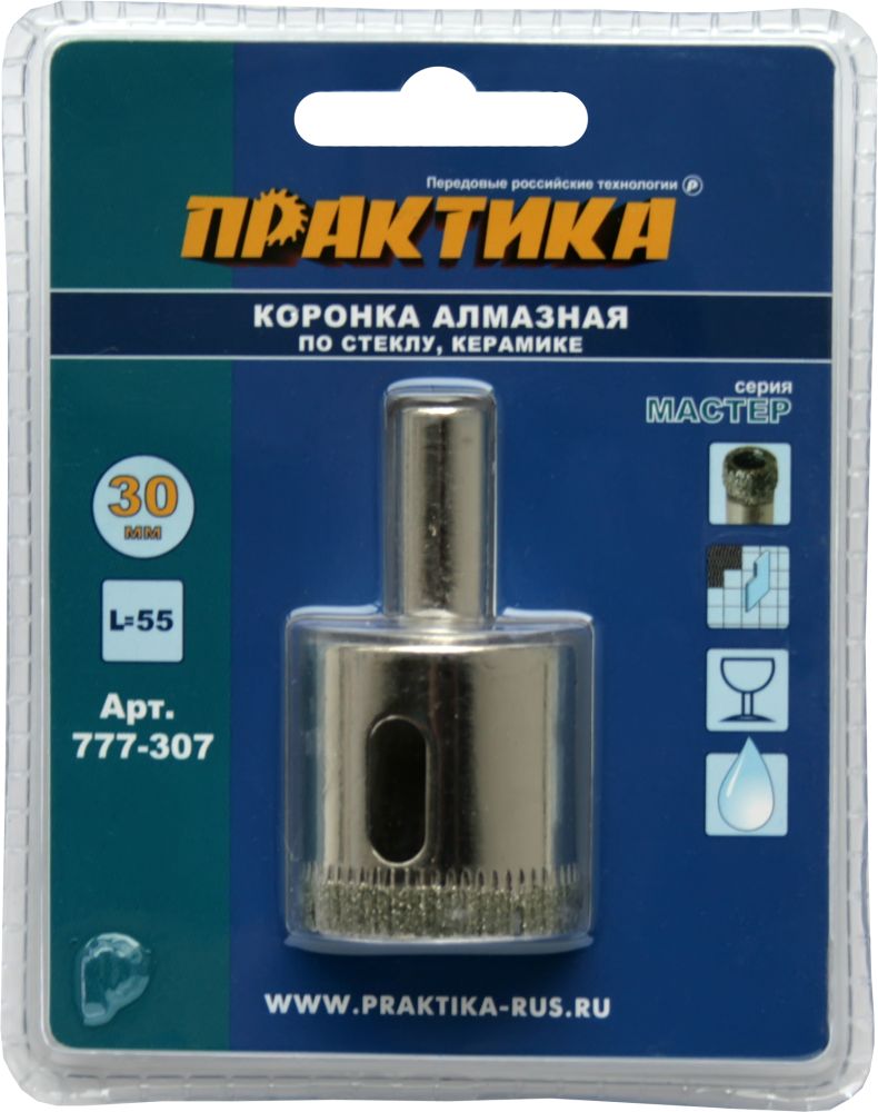 Коронка алмазная ПРАКТИКА  "Мастер" по стеклу и керамике  30 мм (1шт) блистер (777-307)