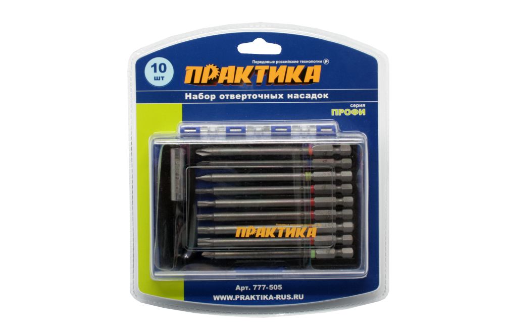 Набор бит ПРАКТИКА "Профи"  10шт, 100 мм, PH, PZ, SL, Torx, Tri-Wing, держатель 75 мм, кас (777-505)