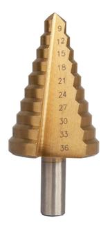 Сверло по металлу ступенчатое ПРАКТИКА 9-36 мм шаг 3 мм TIN (1шт.) блистер