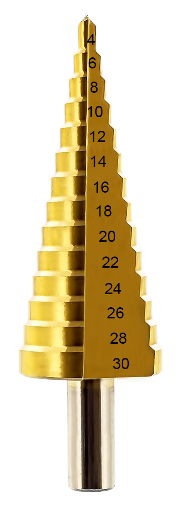 Сверло по металлу ступенчатое ПРАКТИКА 4-30 мм шаг 2 мм TIN (1шт.) блистер