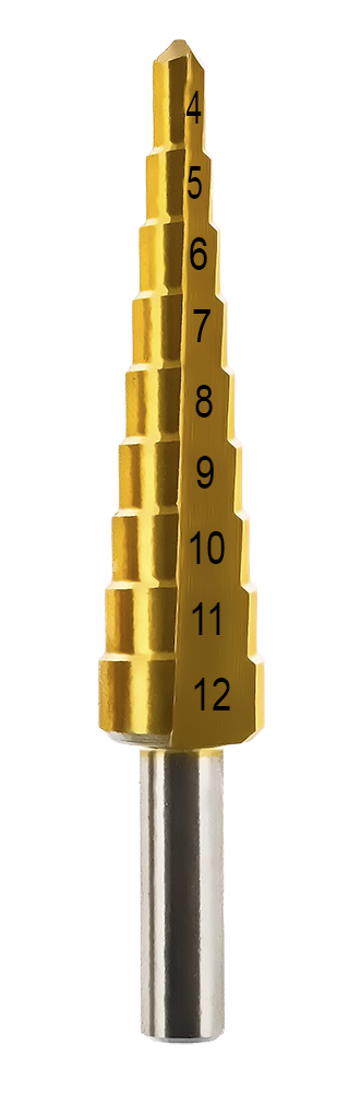 Сверло по металлу ступенчатое ПРАКТИКА 4-12 мм шаг 1 мм TIN (1шт.) блистер