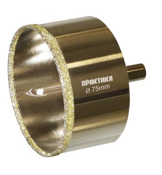 Коронка алмазная ПРАКТИКА "Профи" по керамограниту/керамике  75х70мм, пилотное сверло (1шт) блистер (917-729)
