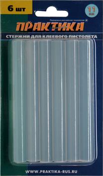 Клей для клеевого пистолета ПРАКТИКА белый, прозрачный, 11 х 100 мм, 6шт / блистер (641-589)