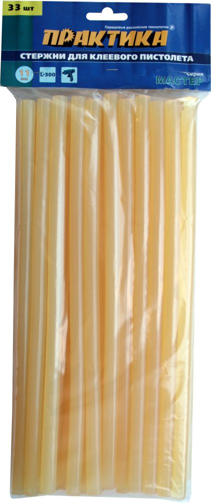 Клей для клеевого пистолета ПРАКТИКА жёлтый, прозрачный, 11 х 300 мм, 33 шт, пакет, (641-664)