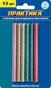 Клей для клеевого пистолета ПРАКТИКА цветные, 6 цветов,  металлик, 7 х 100 мм, 12шт / блис (649-349)