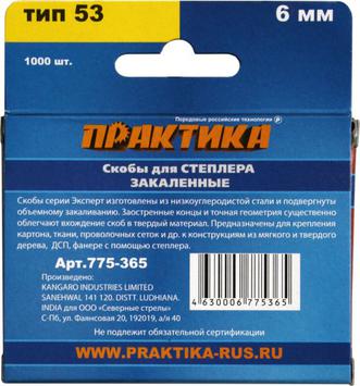 Скобы ПРАКТИКА для степлера, серия Эксперт,  6 мм, Тип 53, толщина 0,74 мм, ширина 11,4 мм (775-365)